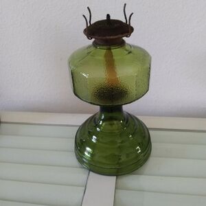 Vintage 1950 Glass Oil Lamp Rare Green Glass/ Lantern